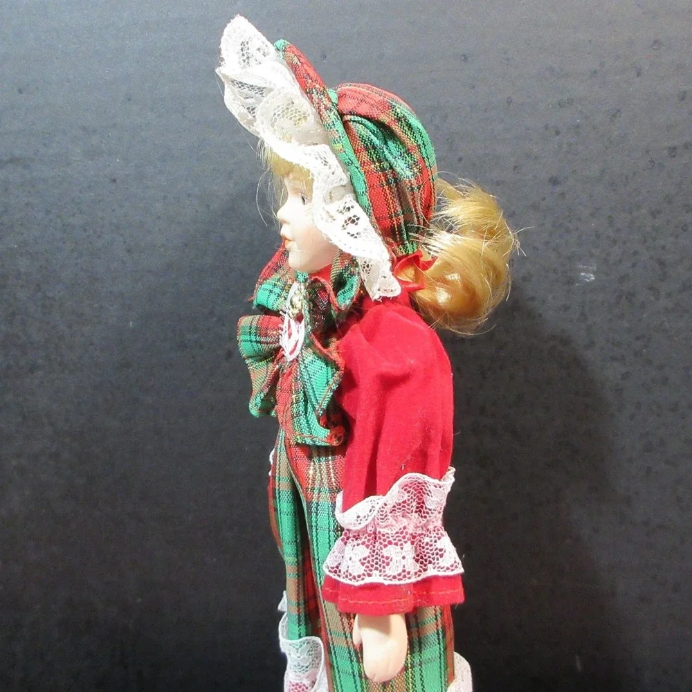 VTG Christmas Porcelain Doll in Plaid Dress & Bonnet - Blonde Hair, Blue Eyes